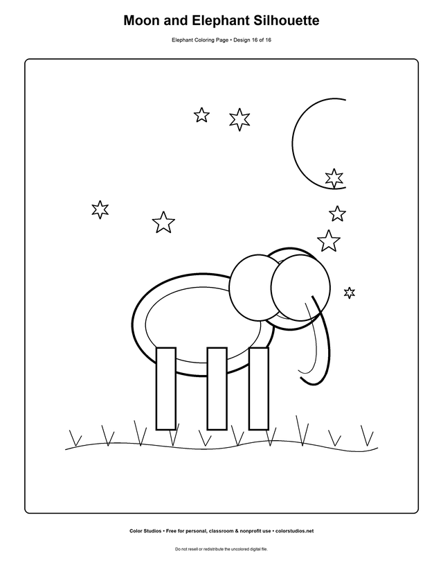 Moon and Elephant Silhouette, an original elephant coloring page with easy complexity