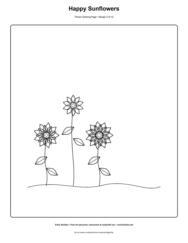 Happy Sunflowers, an original flower coloring page with easy complexity