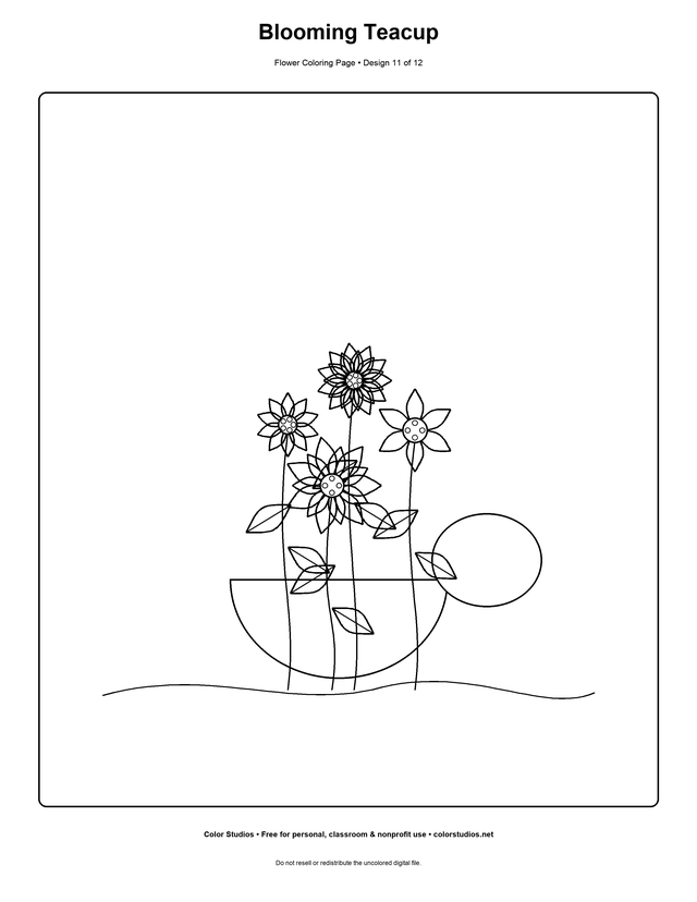 Blooming Teacup, an original flower coloring page with medium complexity