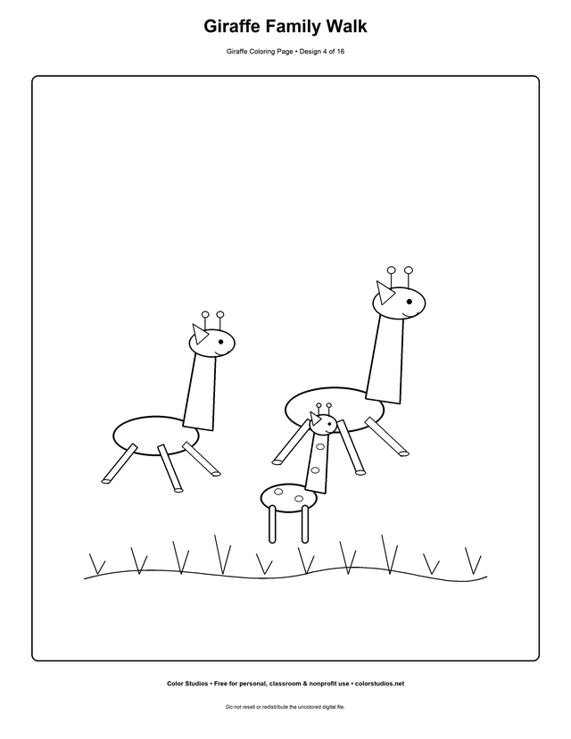 Giraffe Family Walk, an original giraffe coloring page with easy complexity