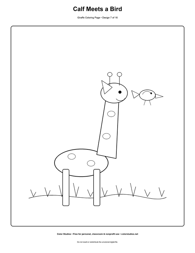 Calf Meets a Bird, an original giraffe coloring page with easy complexity