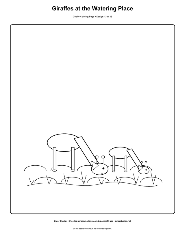 Giraffes at the Watering Place, an original giraffe coloring page with easy complexity