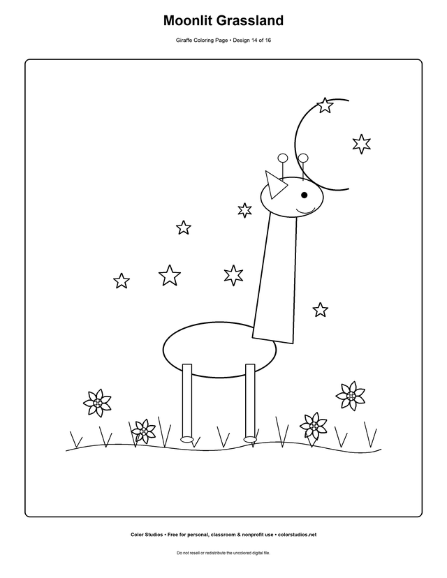 Moonlit Grassland, an original giraffe coloring page with medium complexity