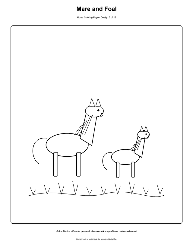 Mare and Foal, an original horse coloring page with detailed complexity