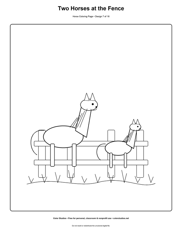 Two Horses at the Fence, an original horse coloring page with easy complexity