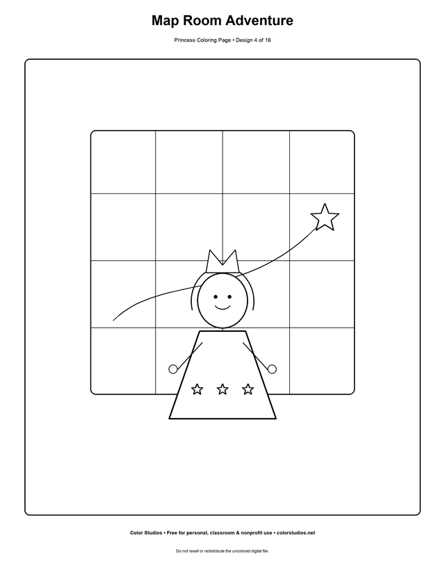 Map Room Adventure, an original princess coloring page with easy complexity