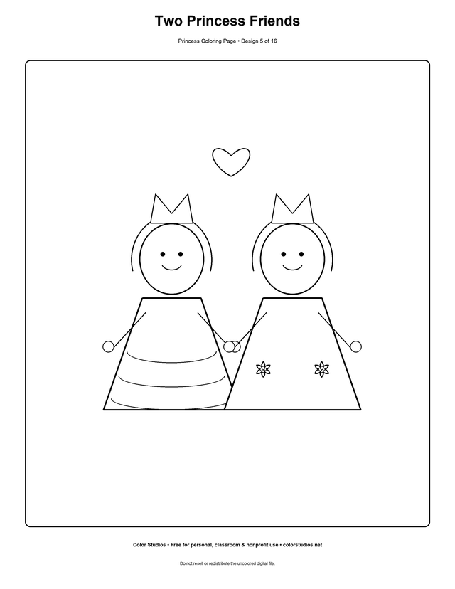Two Princess Friends, an original princess coloring page with medium complexity