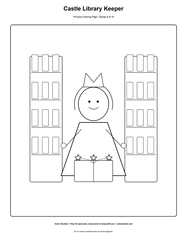 Castle Library Keeper, an original princess coloring page with detailed complexity