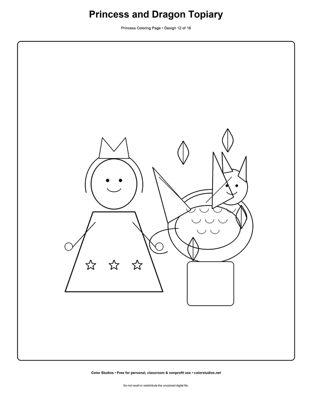 Princess and Dragon Topiary, an original princess coloring page with detailed complexity