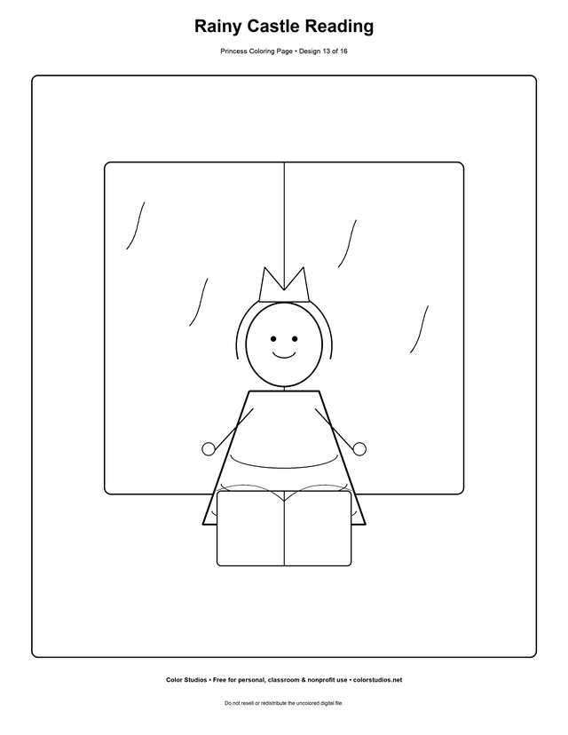 Rainy Castle Reading, an original princess coloring page with easy complexity