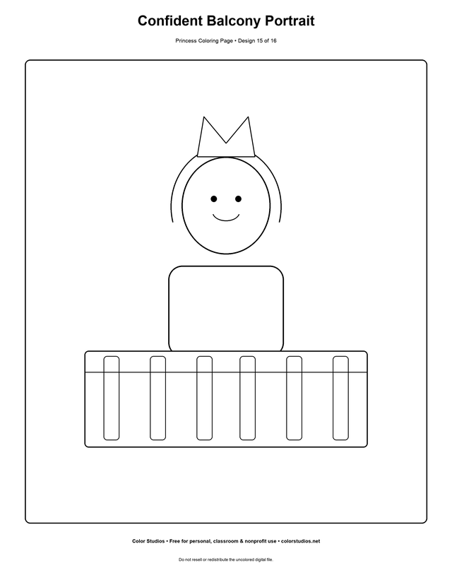 Confident Balcony Portrait, an original princess coloring page with detailed complexity