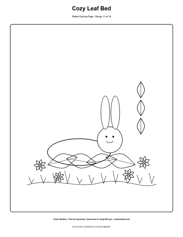 Cozy Leaf Bed, an original rabbit coloring page with medium complexity