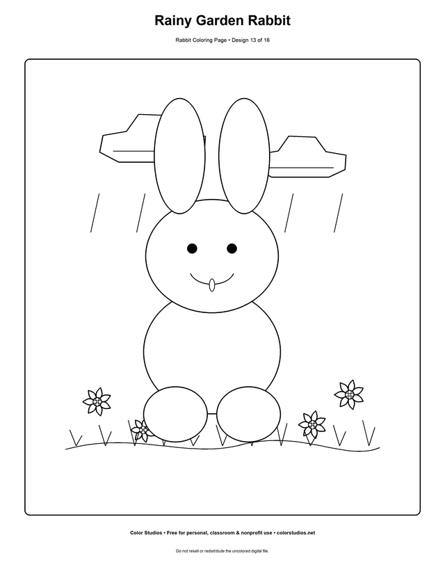 Rainy Garden Rabbit, an original rabbit coloring page with easy complexity