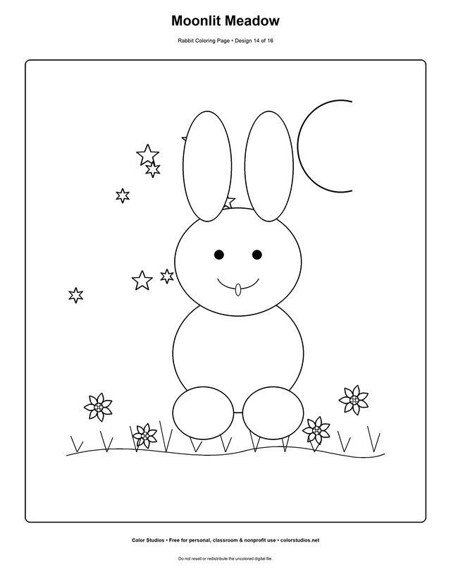 Moonlit Meadow, an original rabbit coloring page with medium complexity