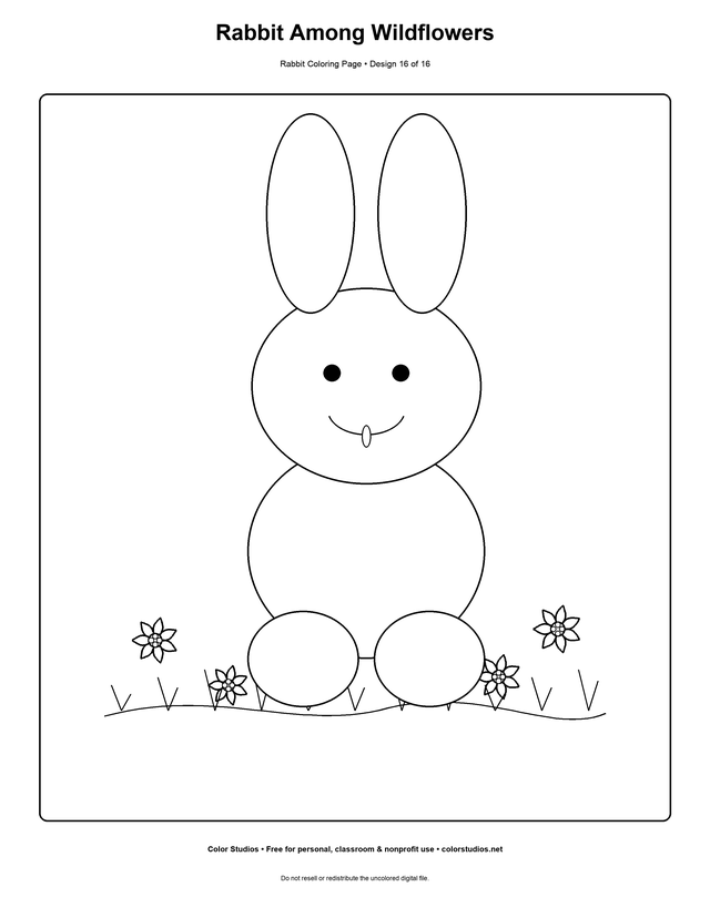 Rabbit Among Wildflowers, an original rabbit coloring page with easy complexity