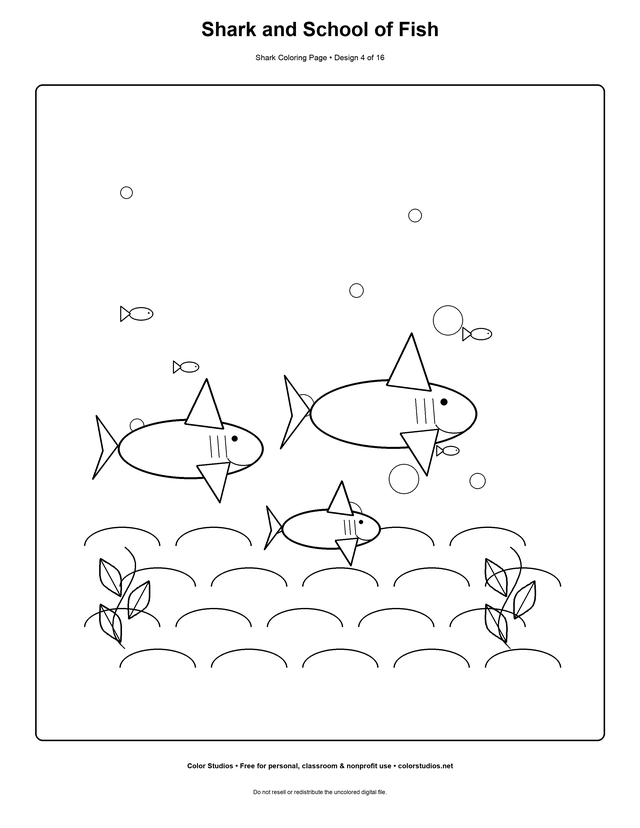 Shark and School of Fish, an original shark coloring page with easy complexity