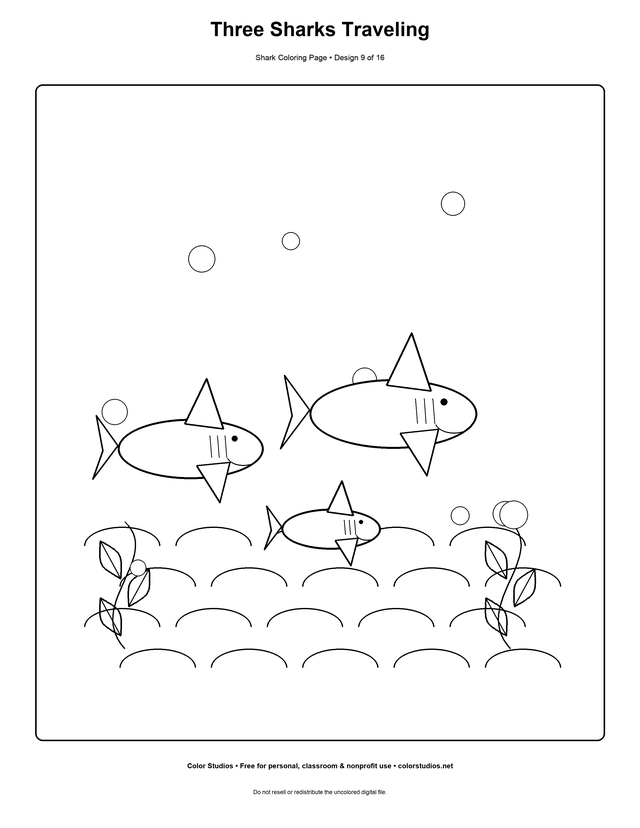 Three Sharks Traveling, an original shark coloring page with detailed complexity