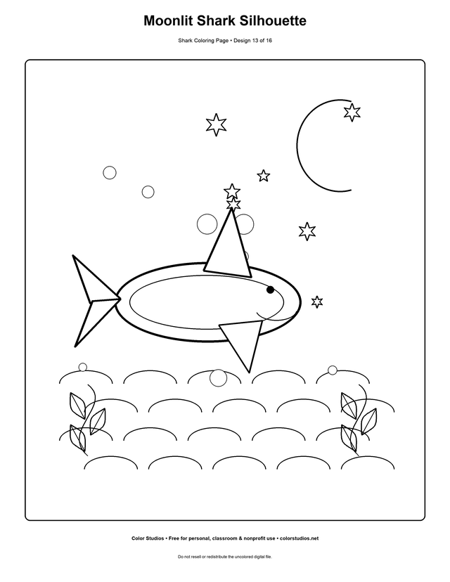 Moonlit Shark Silhouette, an original shark coloring page with easy complexity