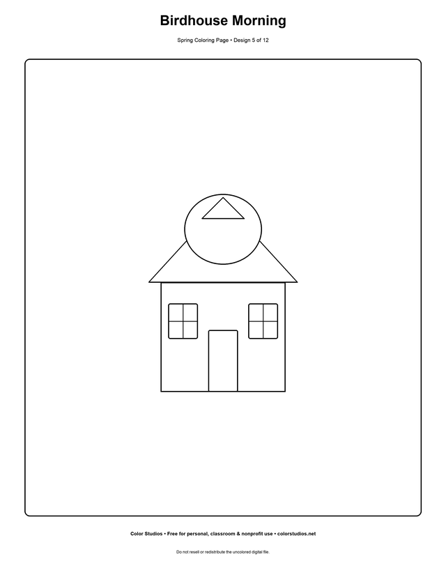 Birdhouse Morning, an original spring coloring page with easy complexity