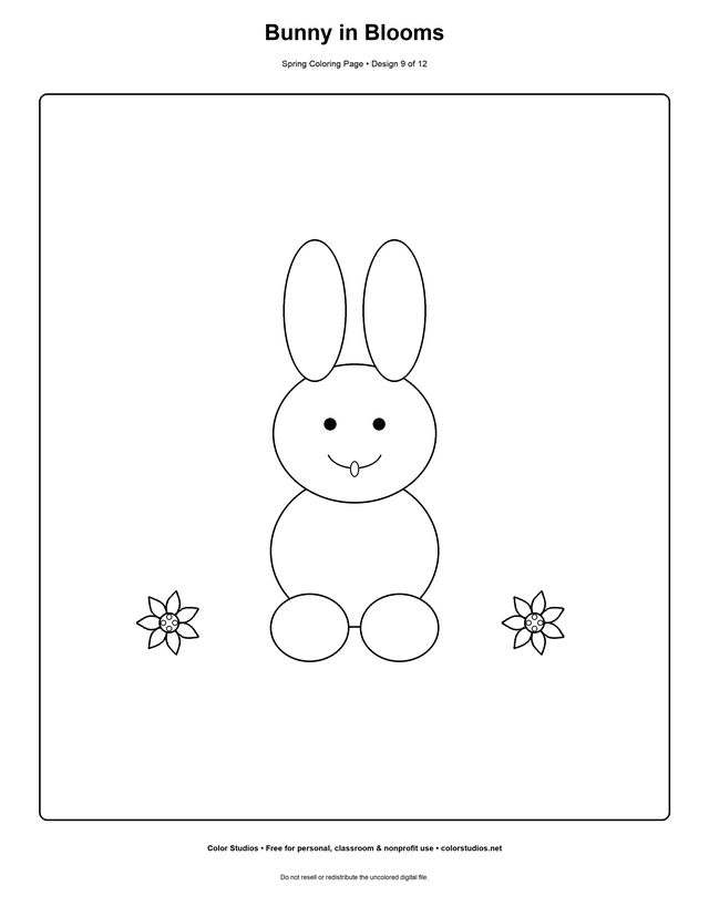 Bunny in Blooms, an original spring coloring page with easy complexity