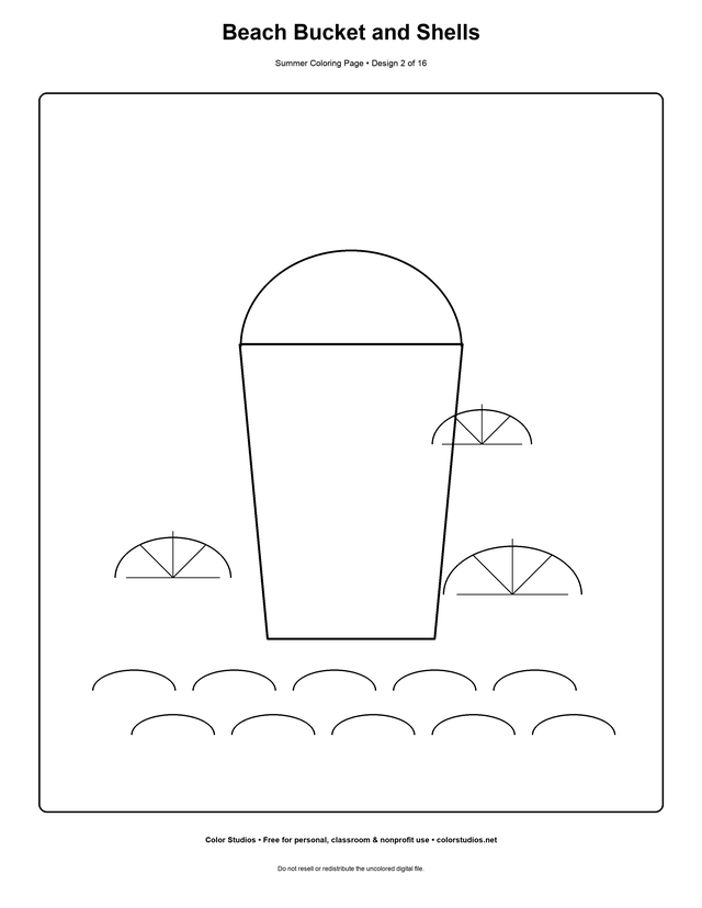 Beach Bucket and Shells, an original summer coloring page with medium complexity