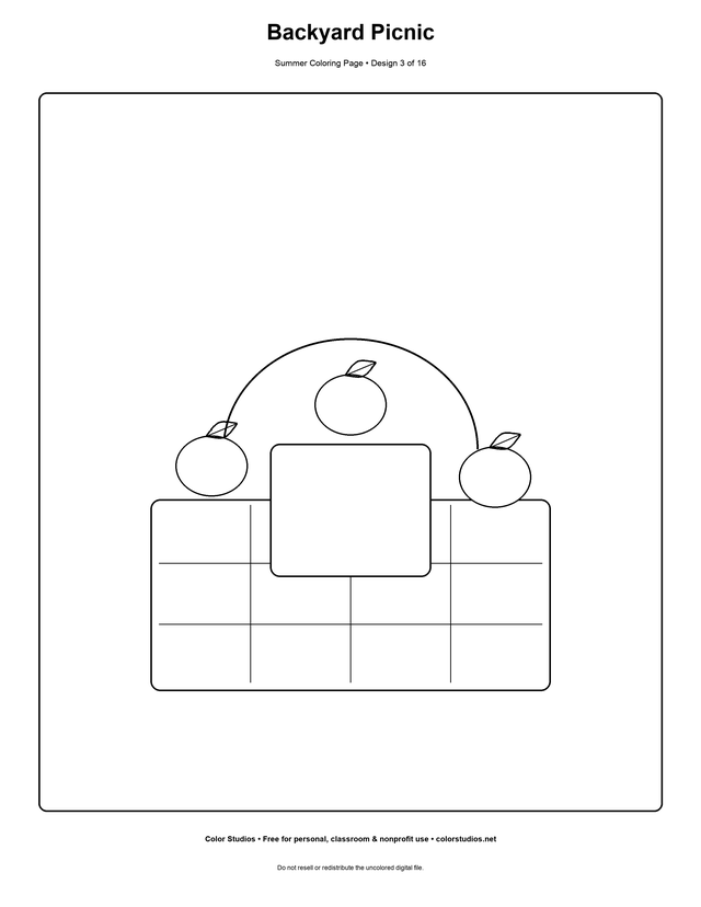 Backyard Picnic, an original summer coloring page with detailed complexity