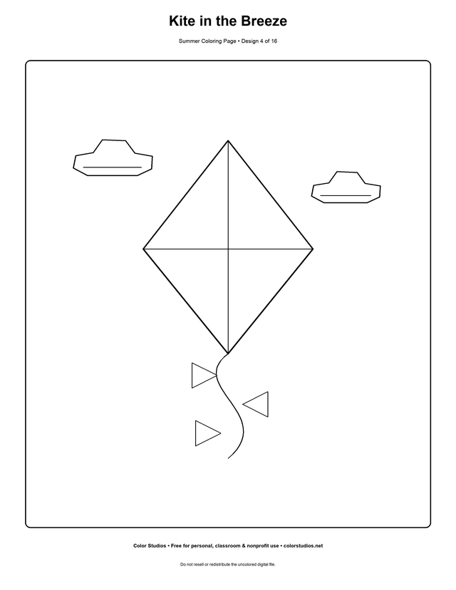 Kite in the Breeze, an original summer coloring page with easy complexity