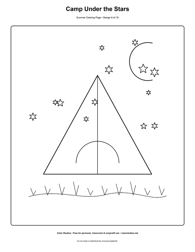 Camp Under the Stars, an original summer coloring page with detailed complexity