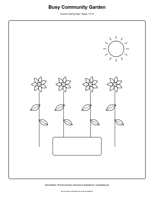 Busy Community Garden, an original summer coloring page with easy complexity