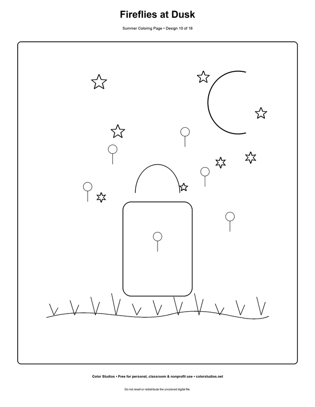 Fireflies at Dusk, an original summer coloring page with easy complexity