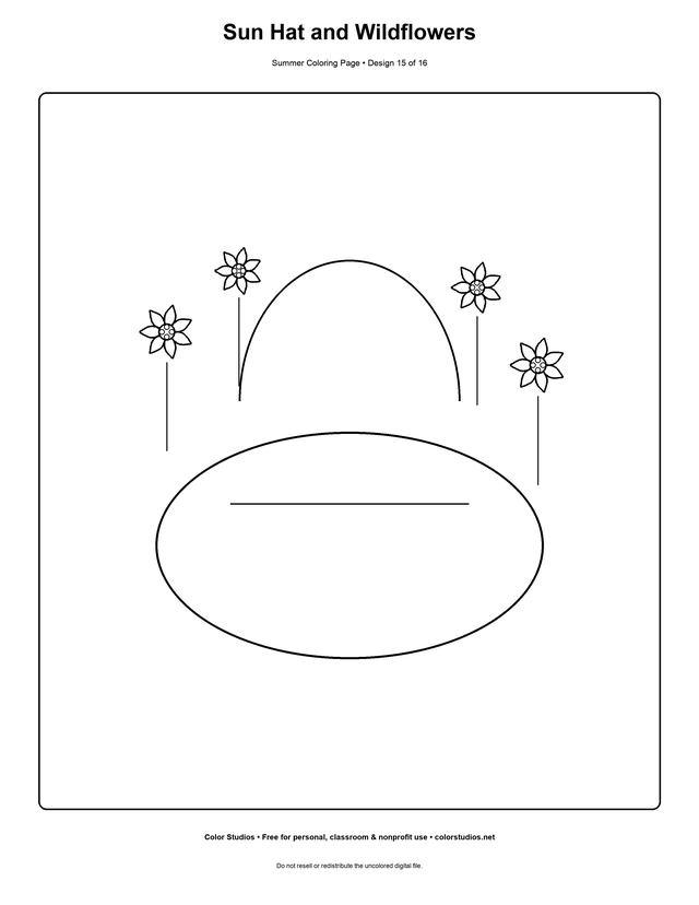 Sun Hat and Wildflowers, an original summer coloring page with detailed complexity