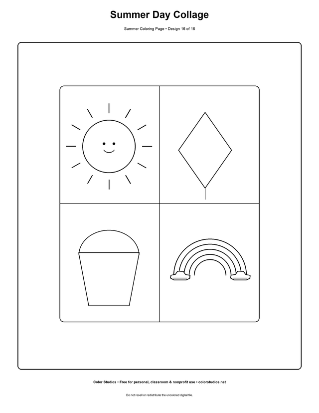 Summer Day Collage, an original summer coloring page with easy complexity