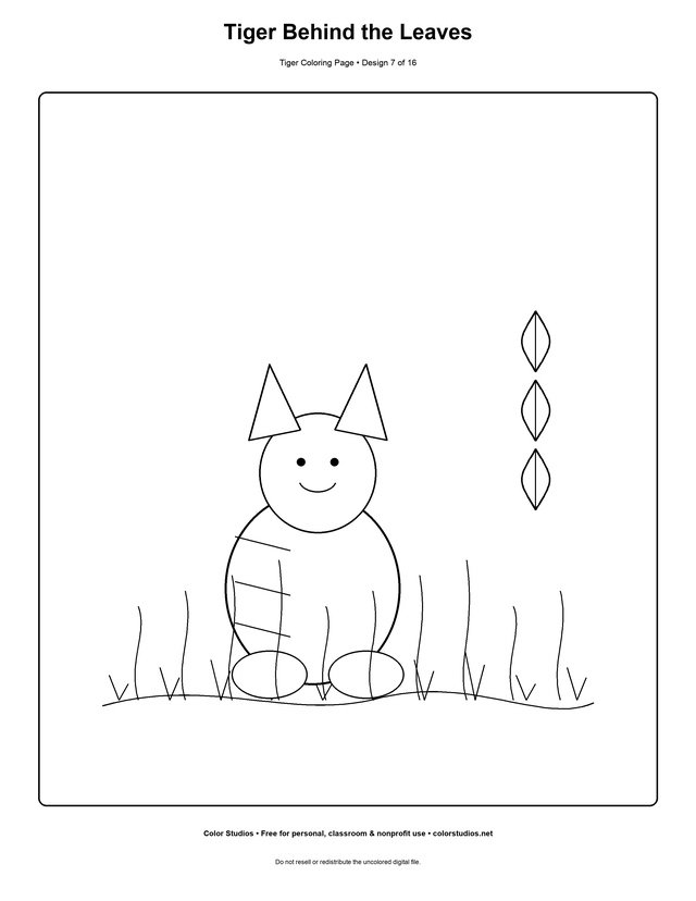 Tiger Behind the Leaves, an original tiger coloring page with easy complexity
