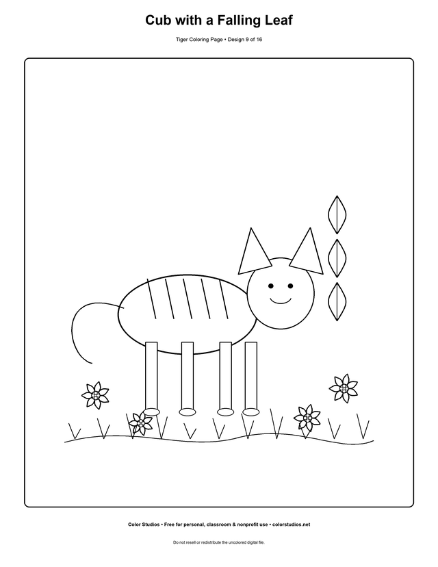 Cub with a Falling Leaf, an original tiger coloring page with detailed complexity