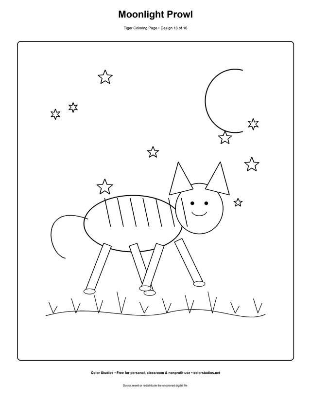 Moonlight Prowl, an original tiger coloring page with easy complexity