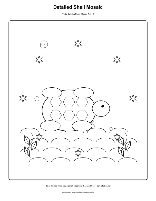 Detailed Shell Mosaic, an original turtle coloring page with easy complexity