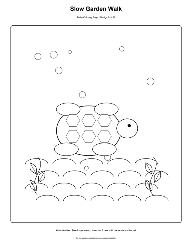 Slow Garden Walk, an original turtle coloring page with detailed complexity