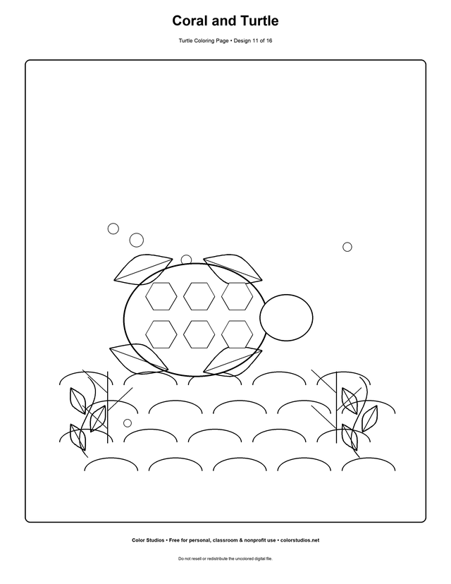 Coral and Turtle, an original turtle coloring page with medium complexity
