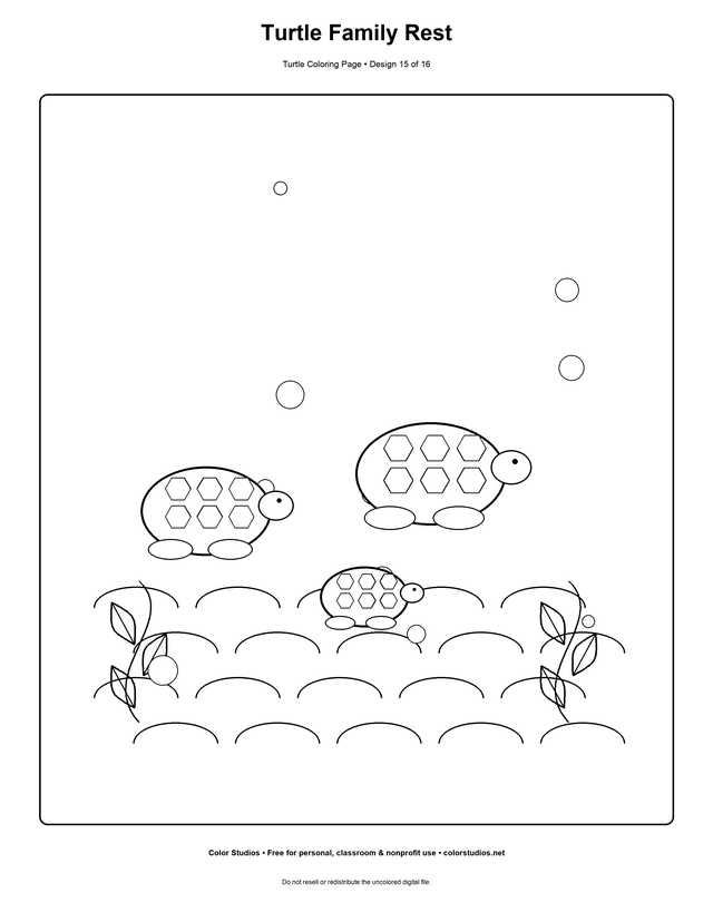 Turtle Family Rest, an original turtle coloring page with detailed complexity