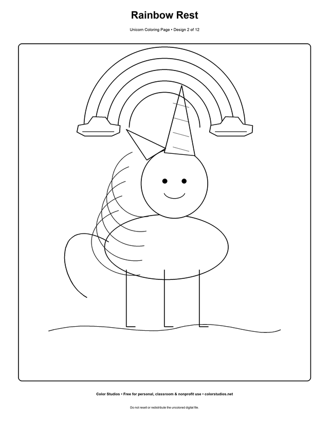 Rainbow Rest, an original unicorn coloring page with medium complexity