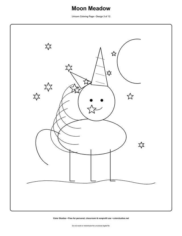 Moon Meadow, an original unicorn coloring page with detailed complexity