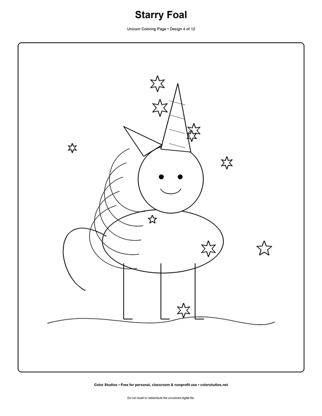 Starry Foal, an original unicorn coloring page with easy complexity