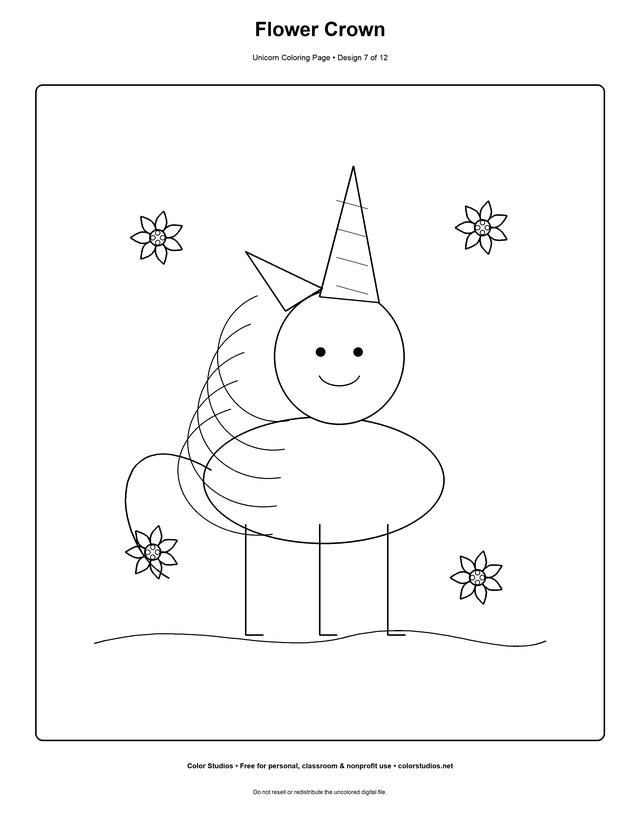 Flower Crown, an original unicorn coloring page with easy complexity