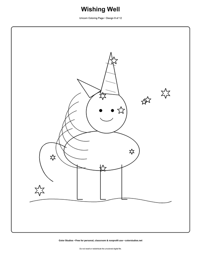 Wishing Well, an original unicorn coloring page with medium complexity