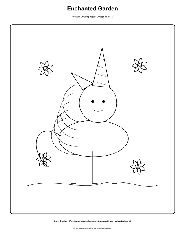 Enchanted Garden, an original unicorn coloring page with medium complexity